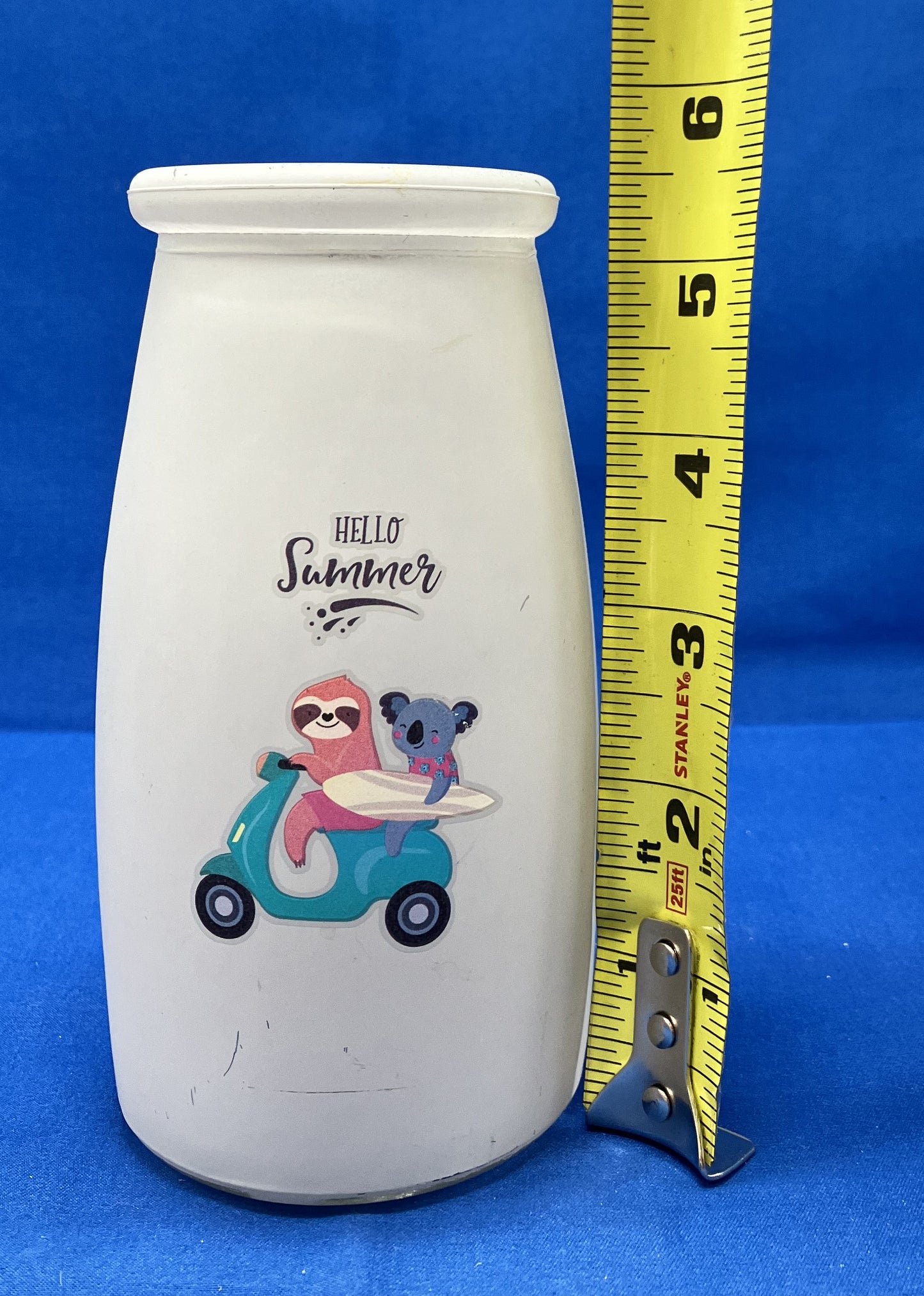 Hello Summer Frosted Vase Sloth and Koala on Scooter