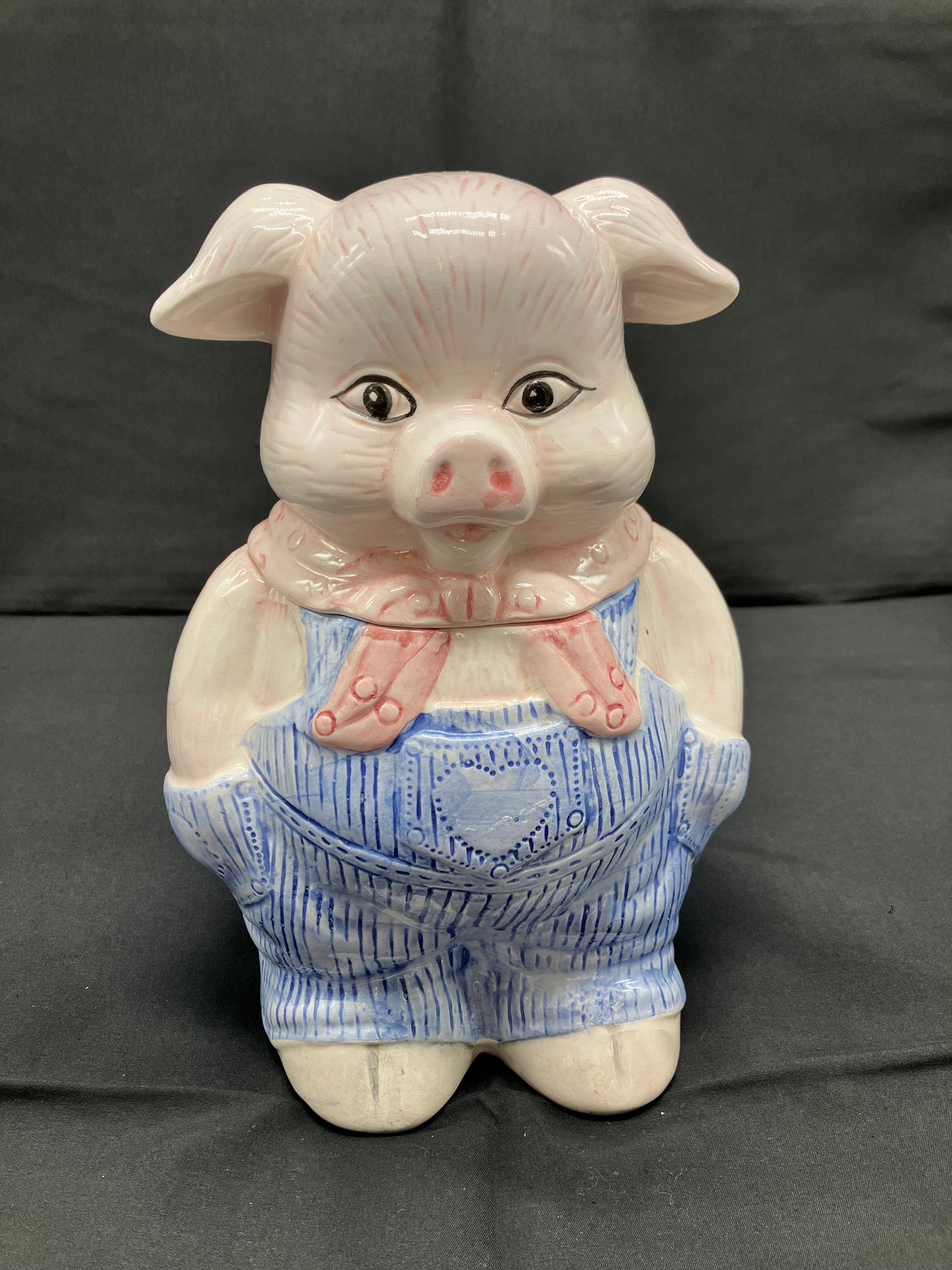 Vintage Farmer Pig / Piglet in Overalls Ceramic Cookie Jar