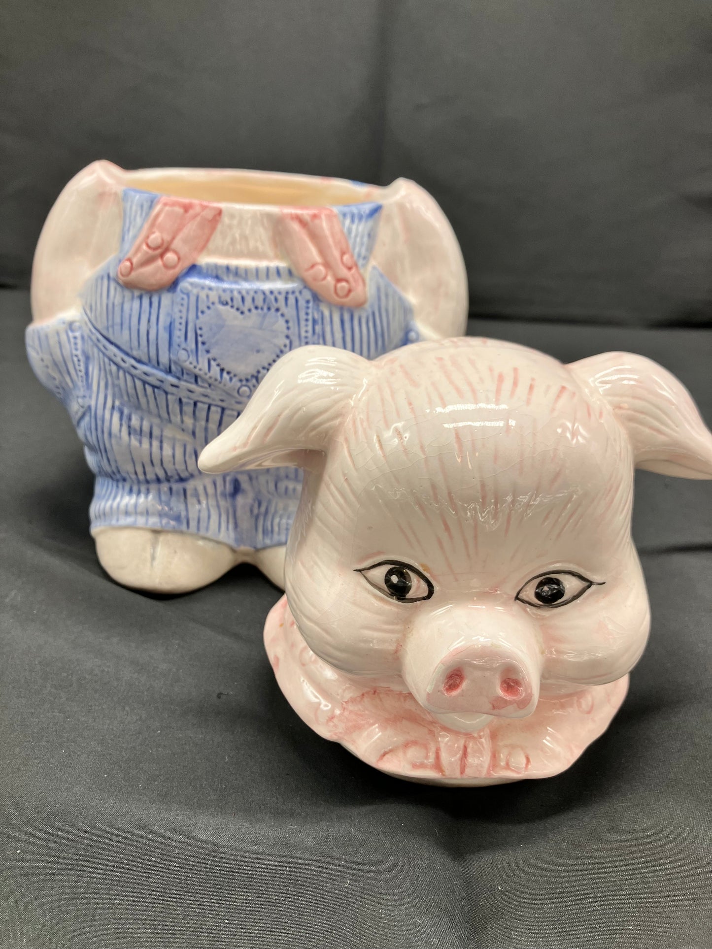 Vintage Farmer Pig / Piglet in Overalls Ceramic Cookie Jar