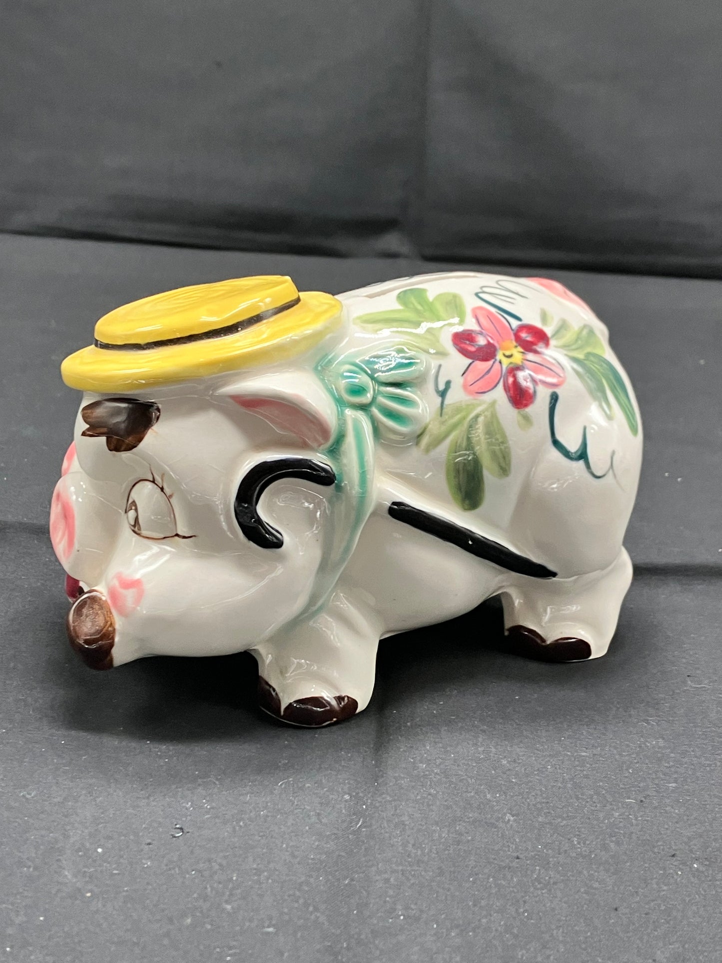 Pig - Vintage Piggy Bank w/Pipe, Hand Painted, Japan