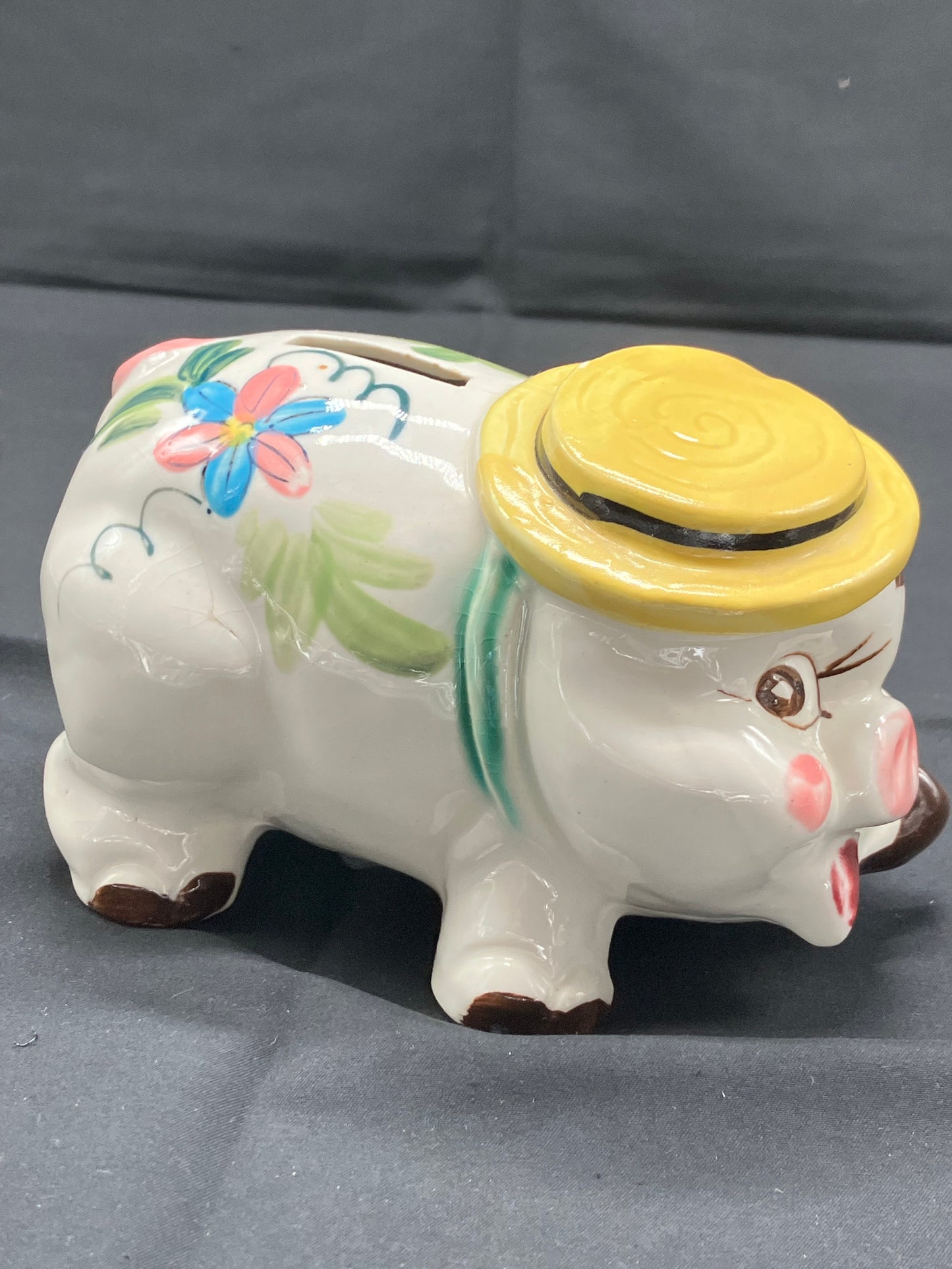 Pig - Vintage Piggy Bank w/Pipe, Hand Painted, Japan