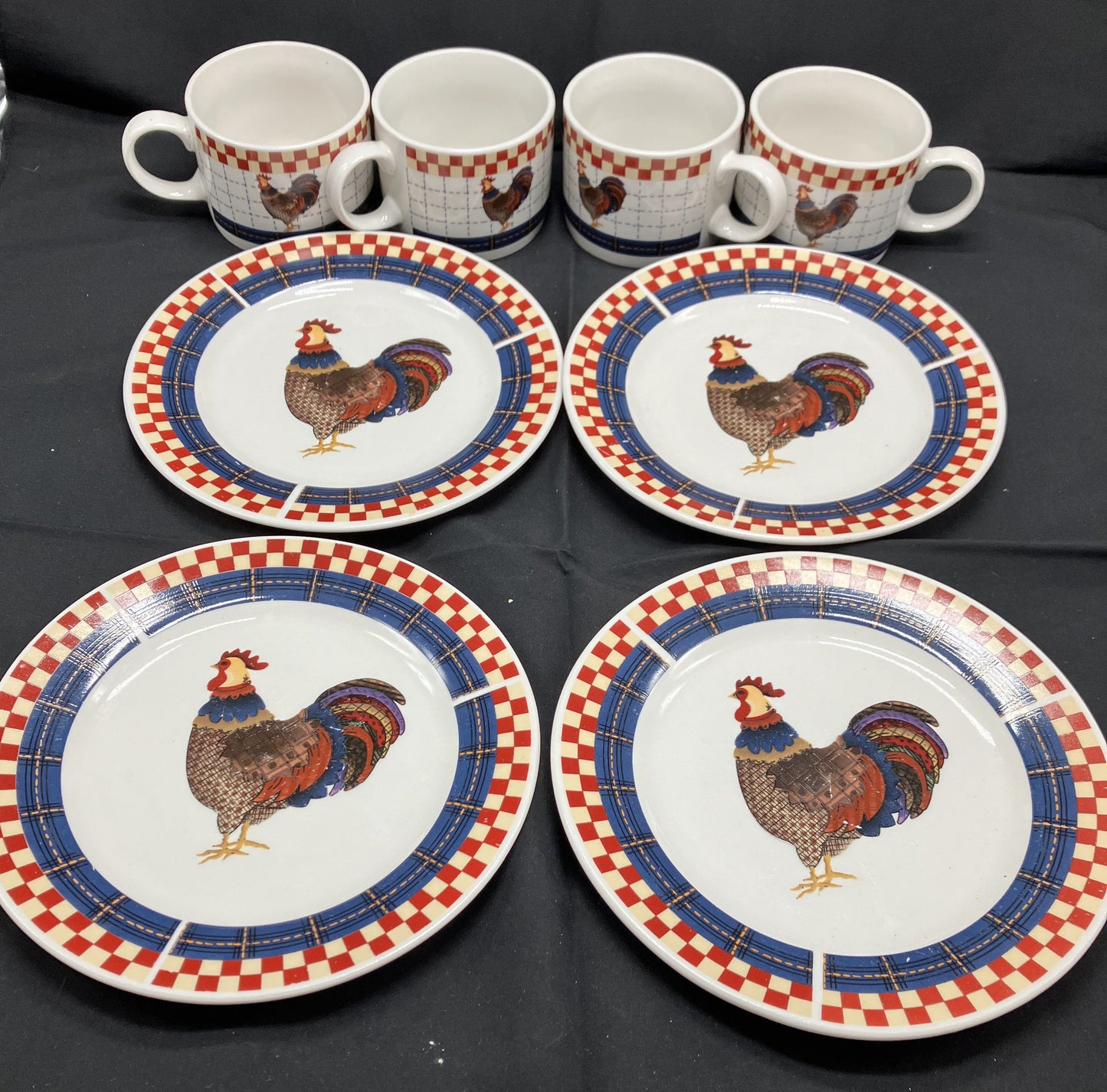 Calico Rooster Plates, four 8" plates and 4 Cups, Majestic-Oneida Stoneware