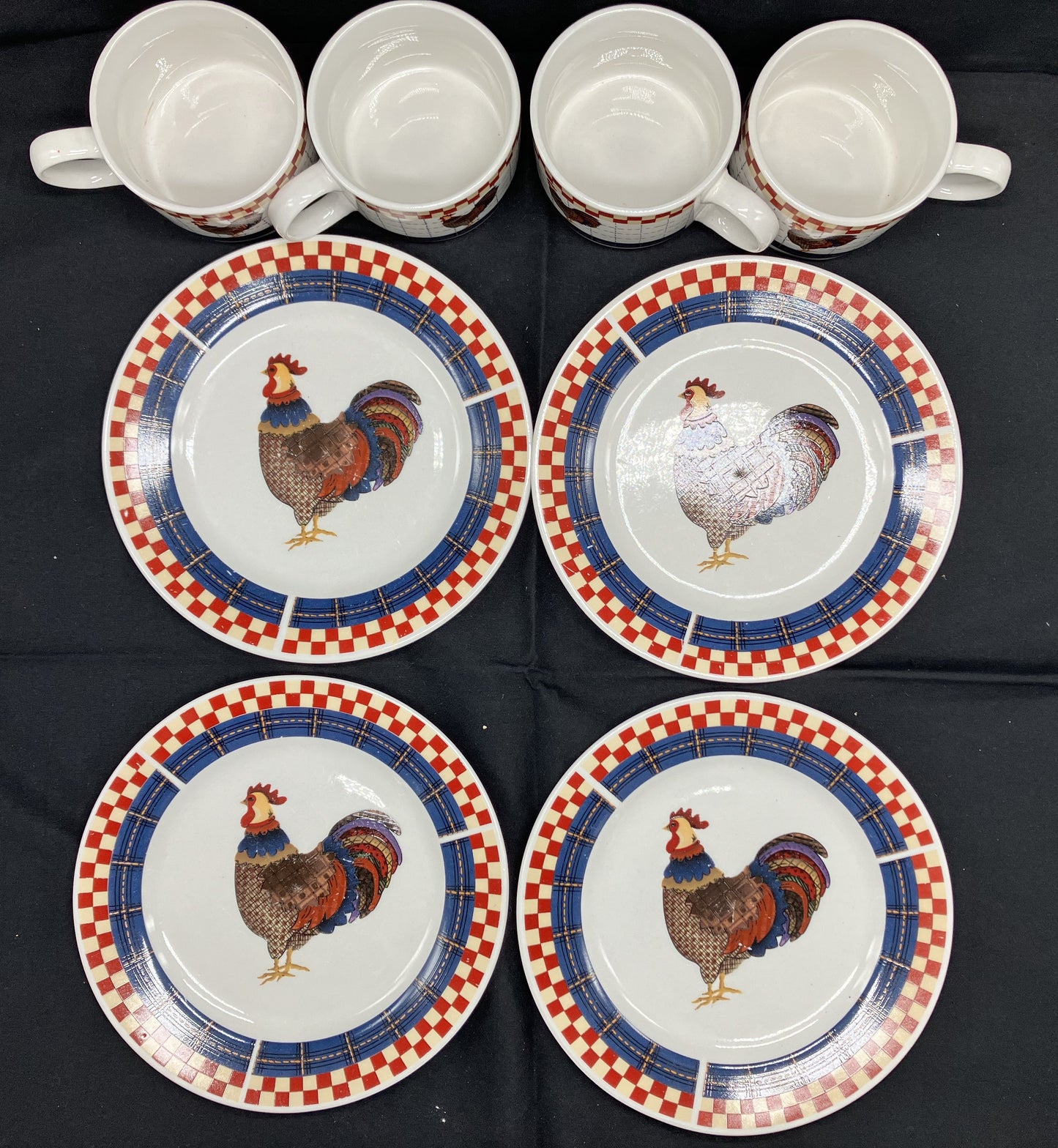 Calico Rooster Plates, four 8" plates and 4 Cups, Majestic-Oneida Stoneware