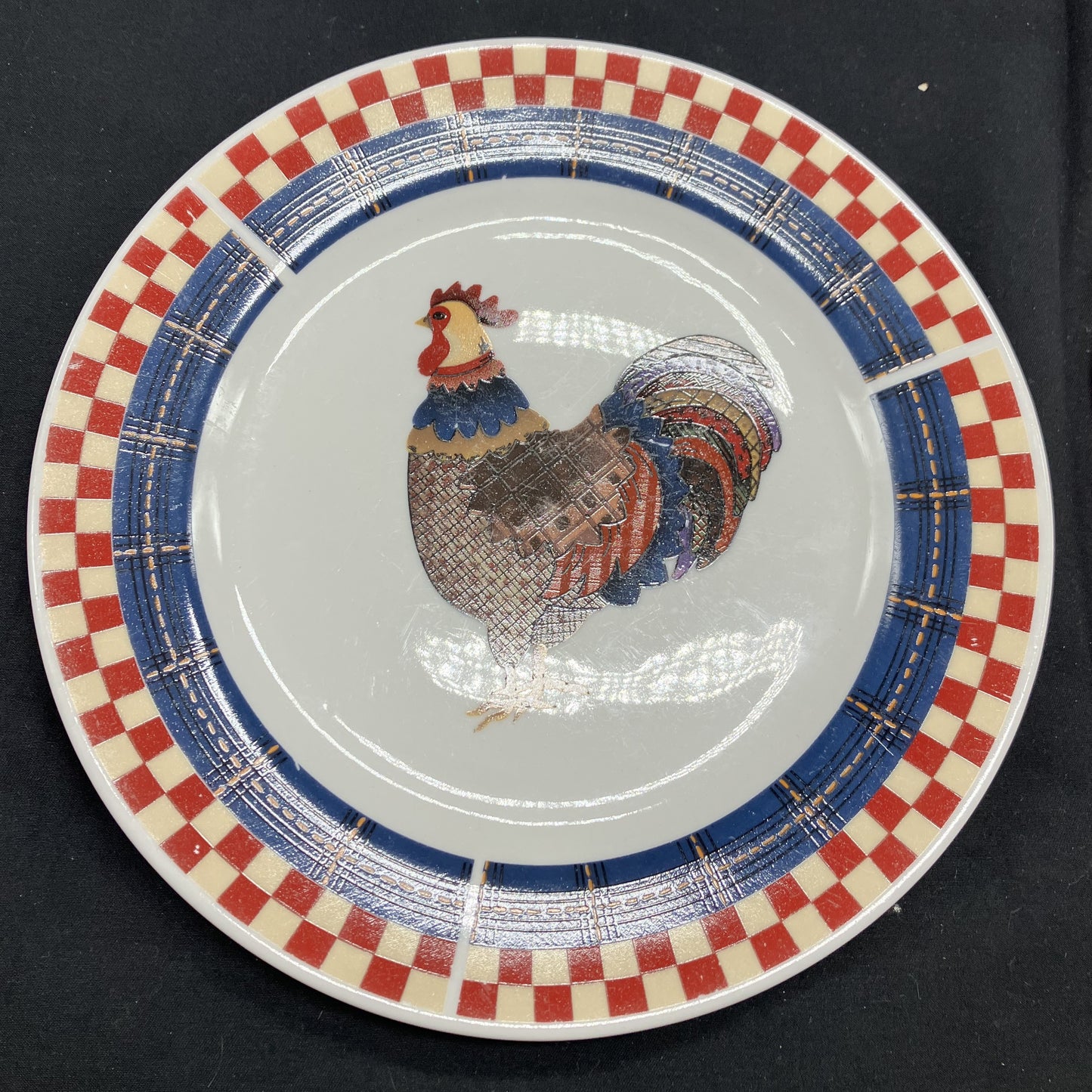 Calico Rooster Plates, four 8" plates and 4 Cups, Majestic-Oneida Stoneware