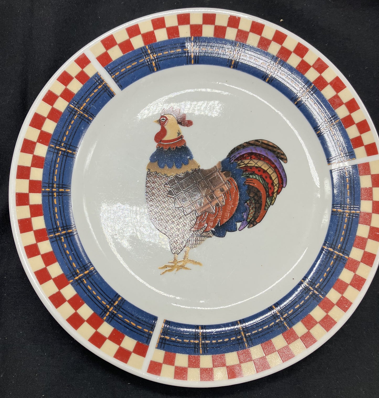 Calico Rooster Plates, four 8" plates and 4 Cups, Majestic-Oneida Stoneware