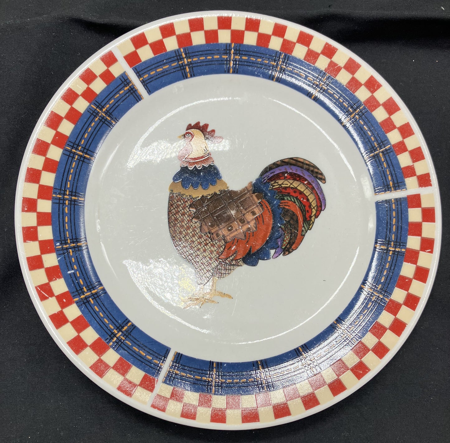 Calico Rooster Plates, four 8" plates and 4 Cups, Majestic-Oneida Stoneware