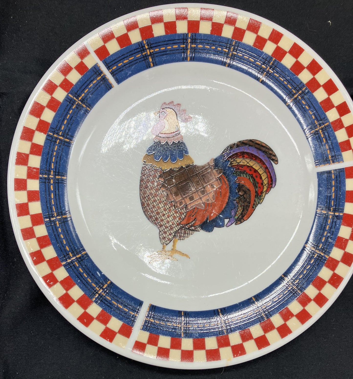 Calico Rooster Plates, four 8" plates and 4 Cups, Majestic-Oneida Stoneware