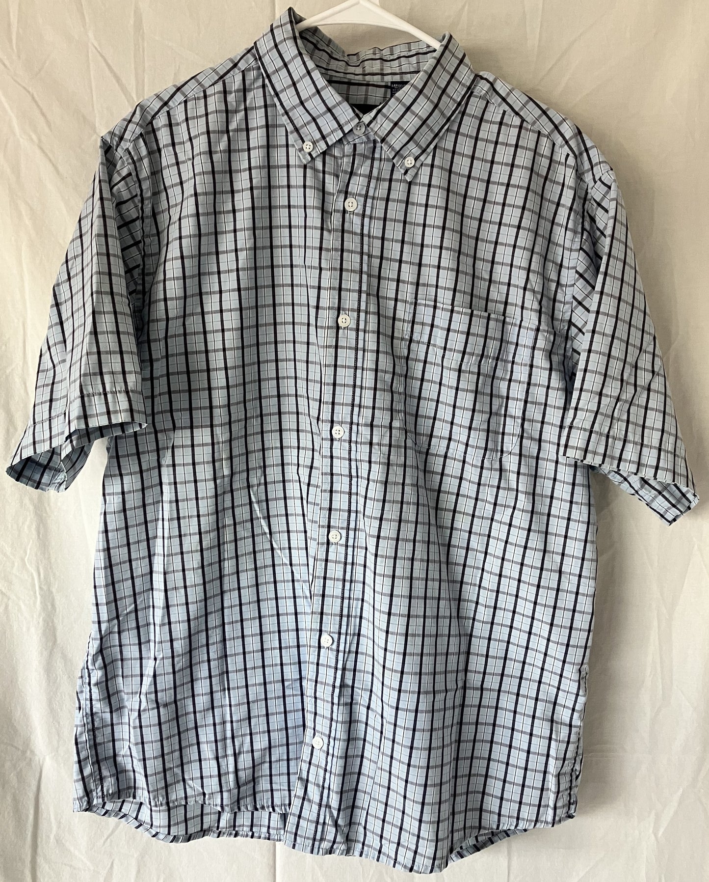 Men's Short Sleeve Oxford Shirt Light Blue and Black Plaid Lg