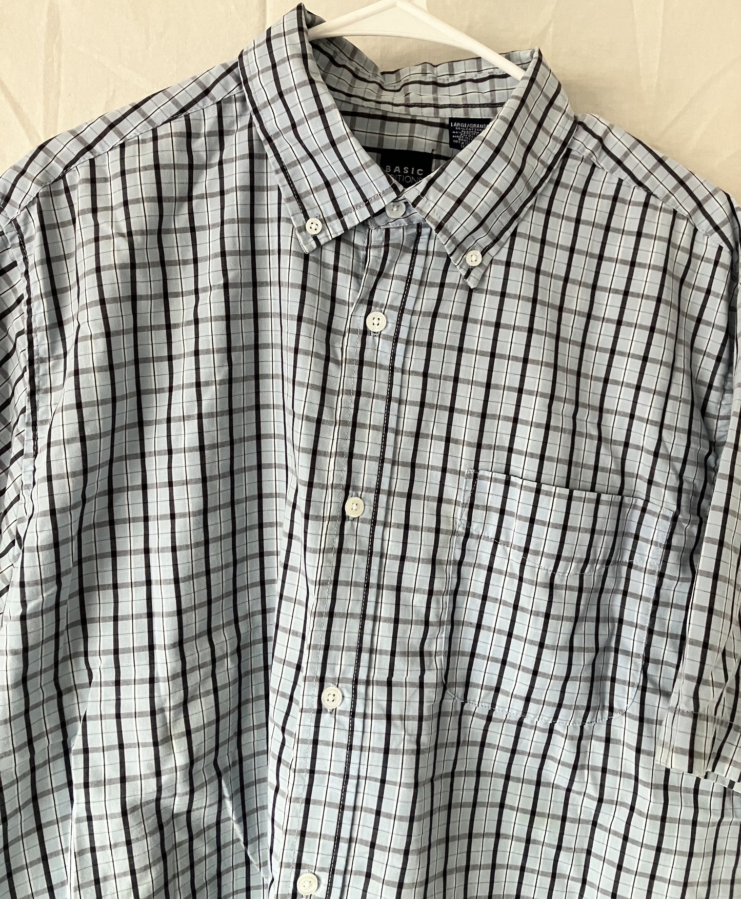 Men's Short Sleeve Oxford Shirt Light Blue and Black Plaid Lg