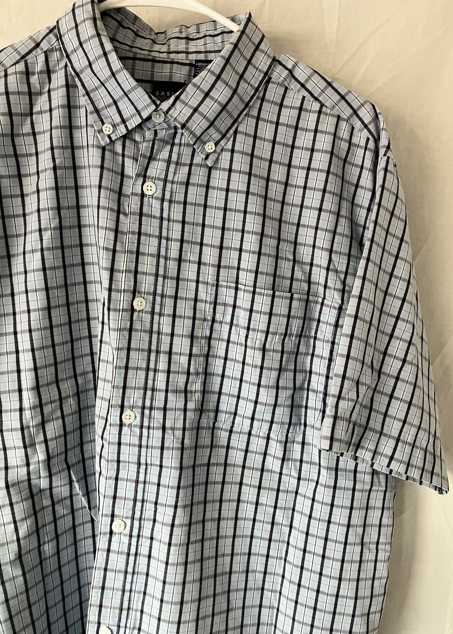 Men's Short Sleeve Oxford Shirt Light Blue and Black Plaid Lg