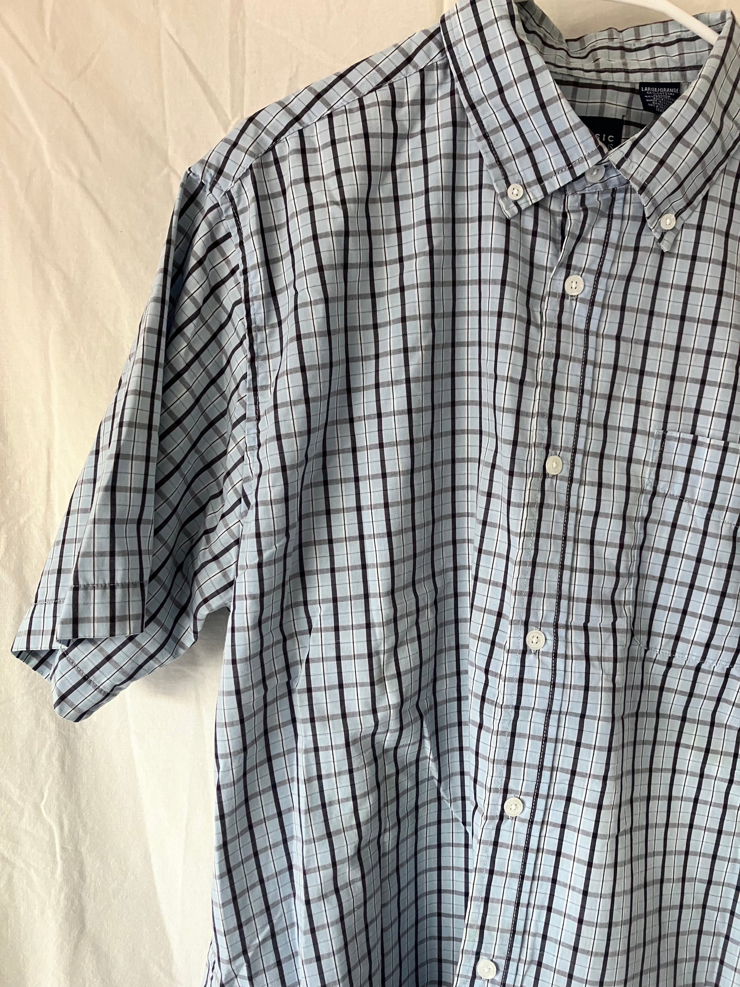 Men's Short Sleeve Oxford Shirt Light Blue and Black Plaid Lg