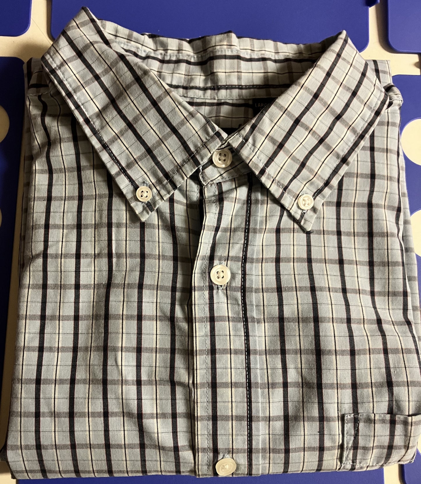 Men's Short Sleeve Oxford Shirt Light Blue and Black Plaid Lg