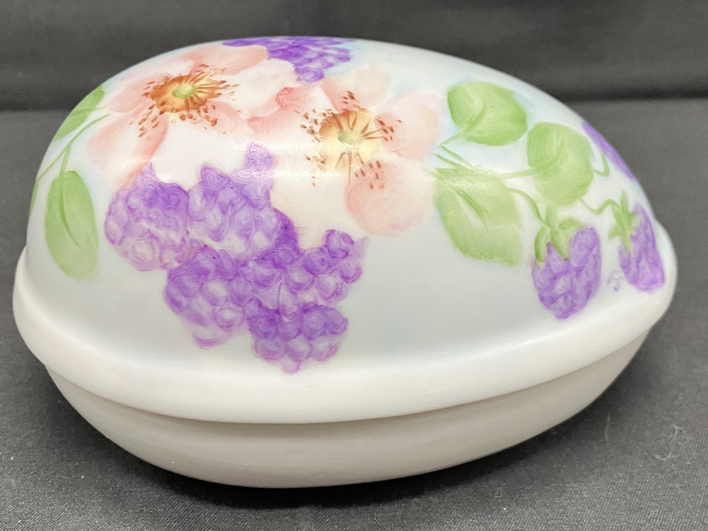 Egg shaped 2 piece ceramic trinket dish. White with floral decoration