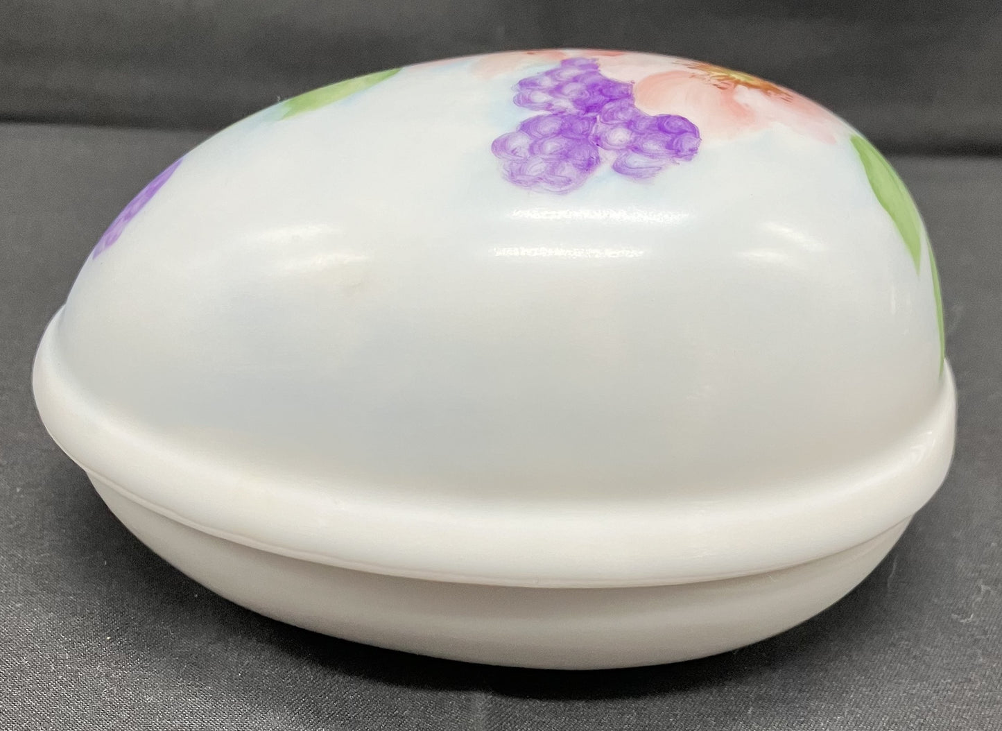 Egg shaped 2 piece ceramic trinket dish. White with floral decoration