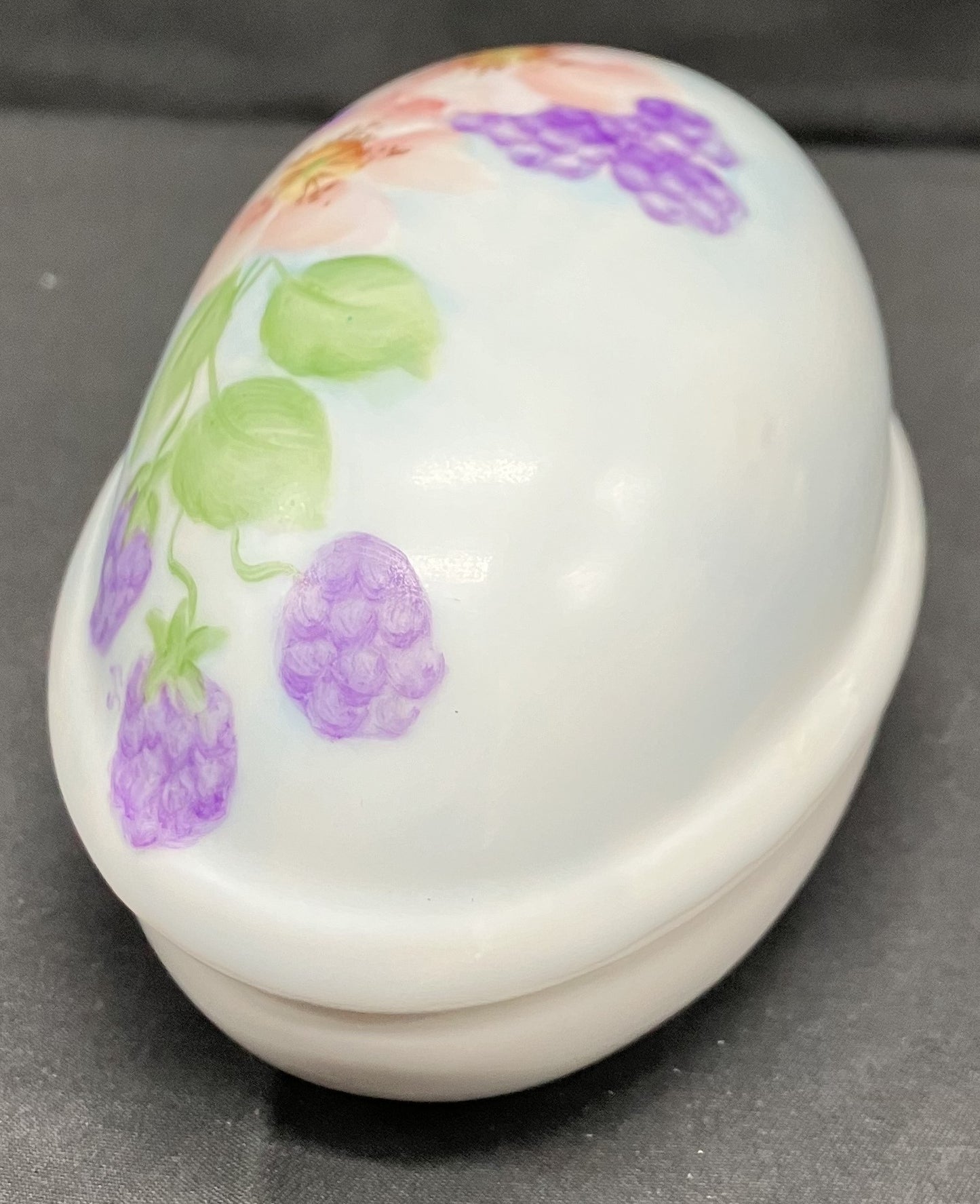 Egg shaped 2 piece ceramic trinket dish. White with floral decoration