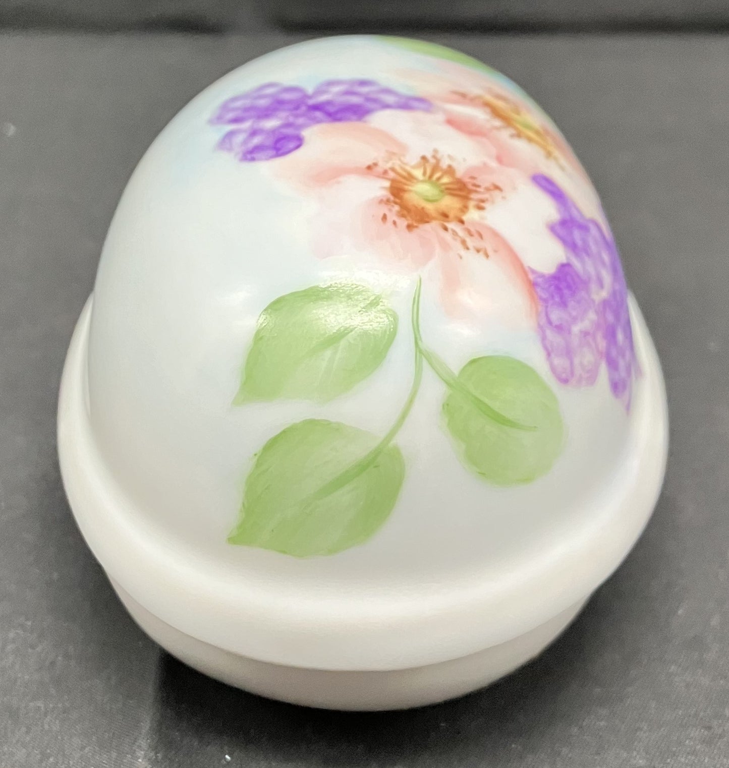 Egg shaped 2 piece ceramic trinket dish. White with floral decoration