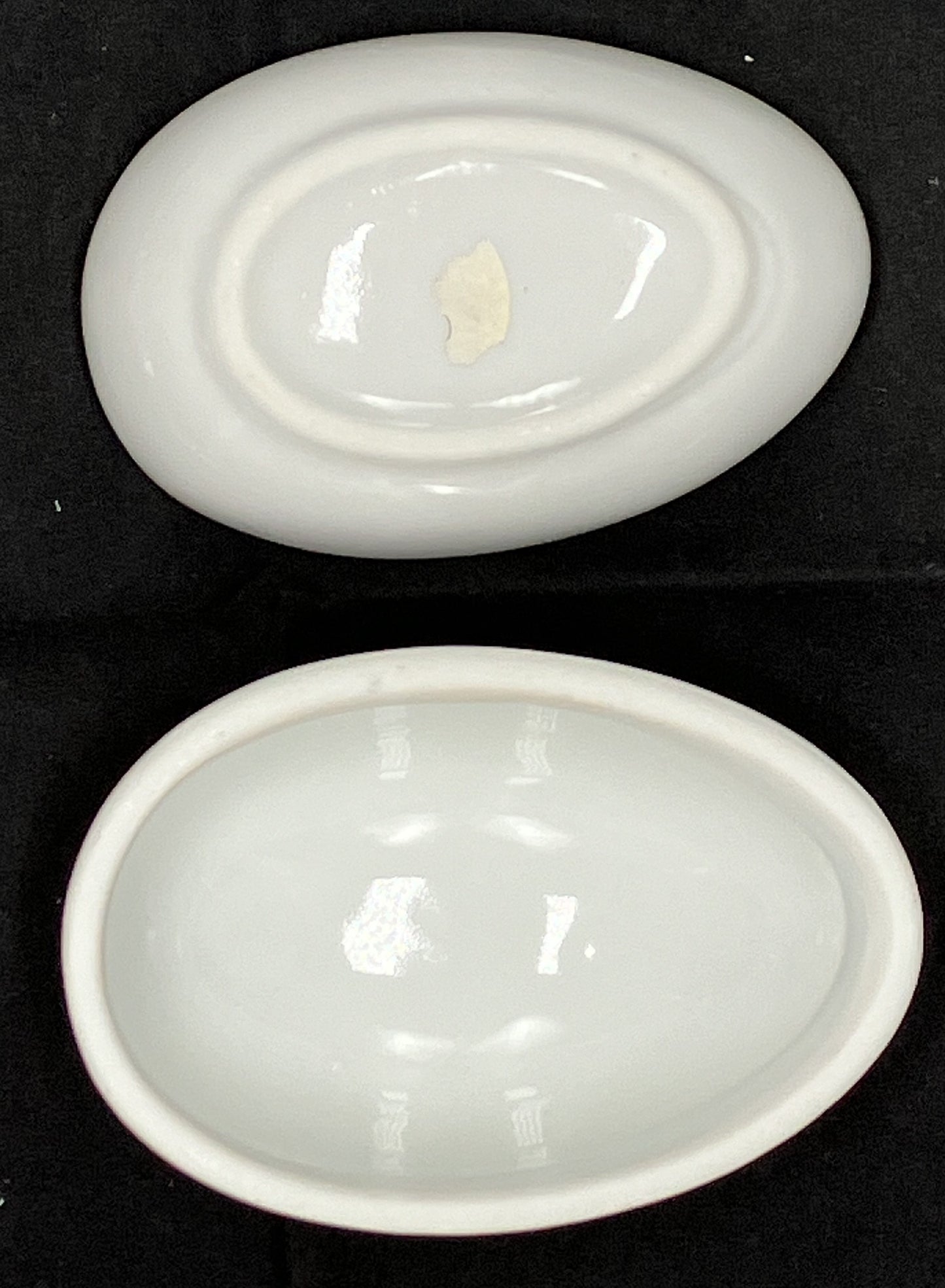 Egg shaped 2 piece ceramic trinket dish. White with floral decoration