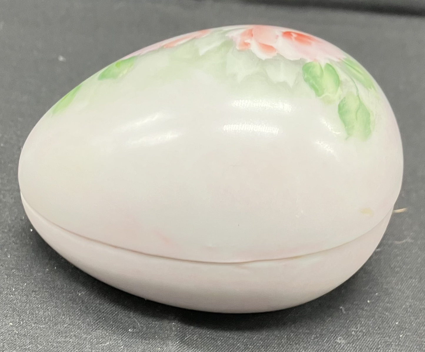 Egg shaped 2 piece ceramic trinket dish. White with pink floral decoration