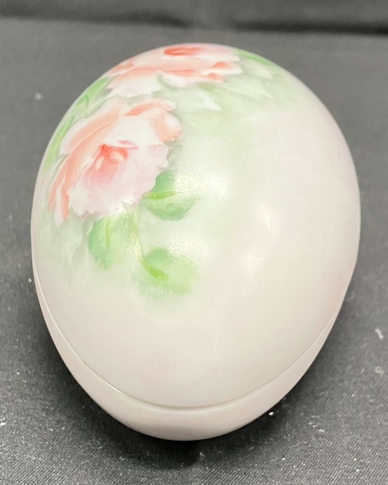 Egg shaped 2 piece ceramic trinket dish. White with pink floral decoration