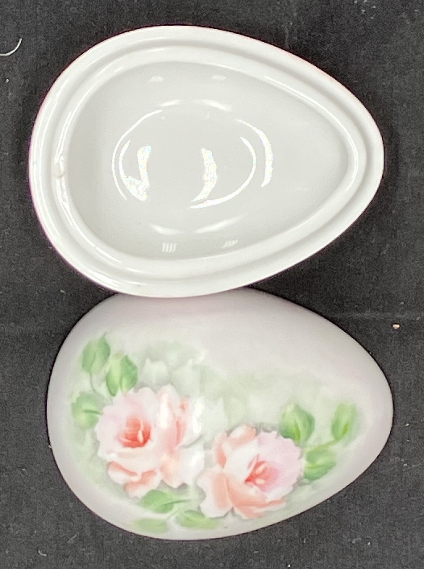 Egg shaped 2 piece ceramic trinket dish. White with pink floral decoration