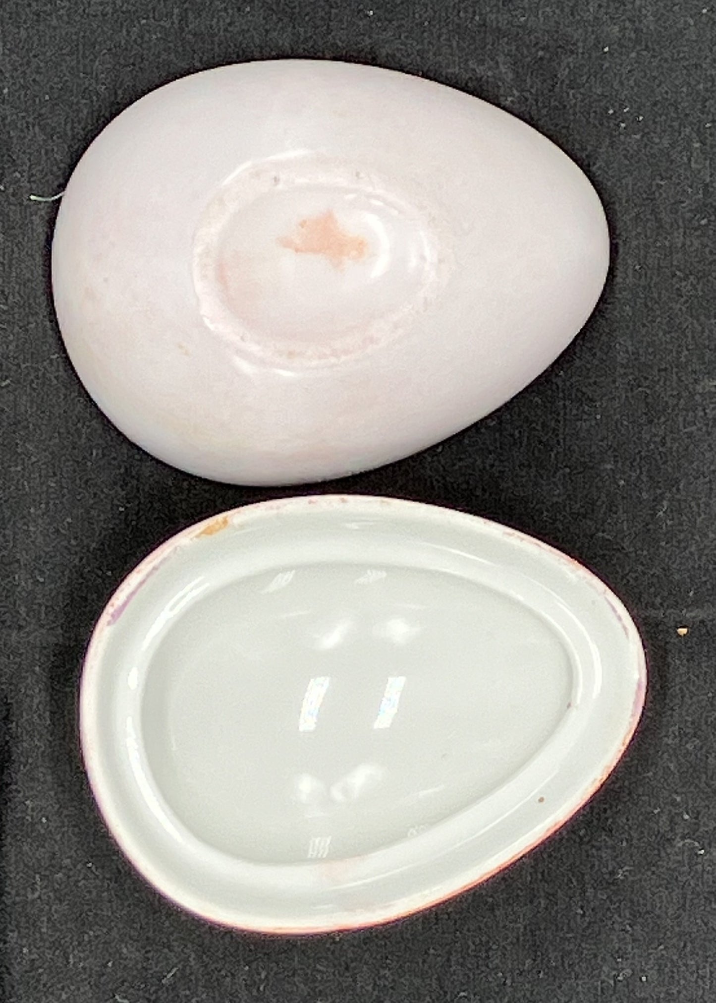 Egg shaped 2 piece ceramic trinket dish. White with pink floral decoration