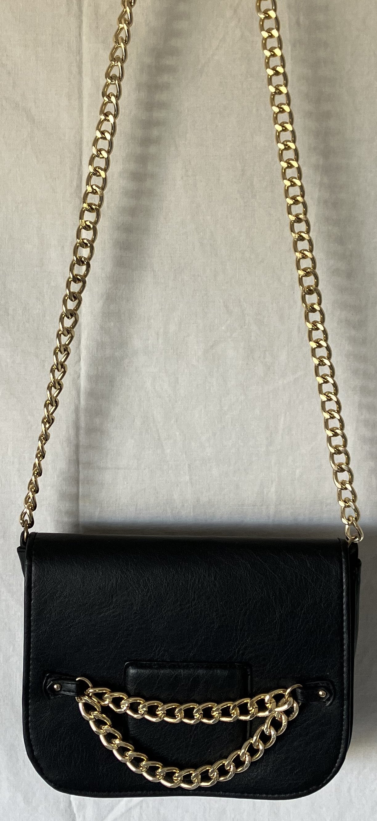 Black Purse with Polished Brass Strap By Rampage, Excellent condition