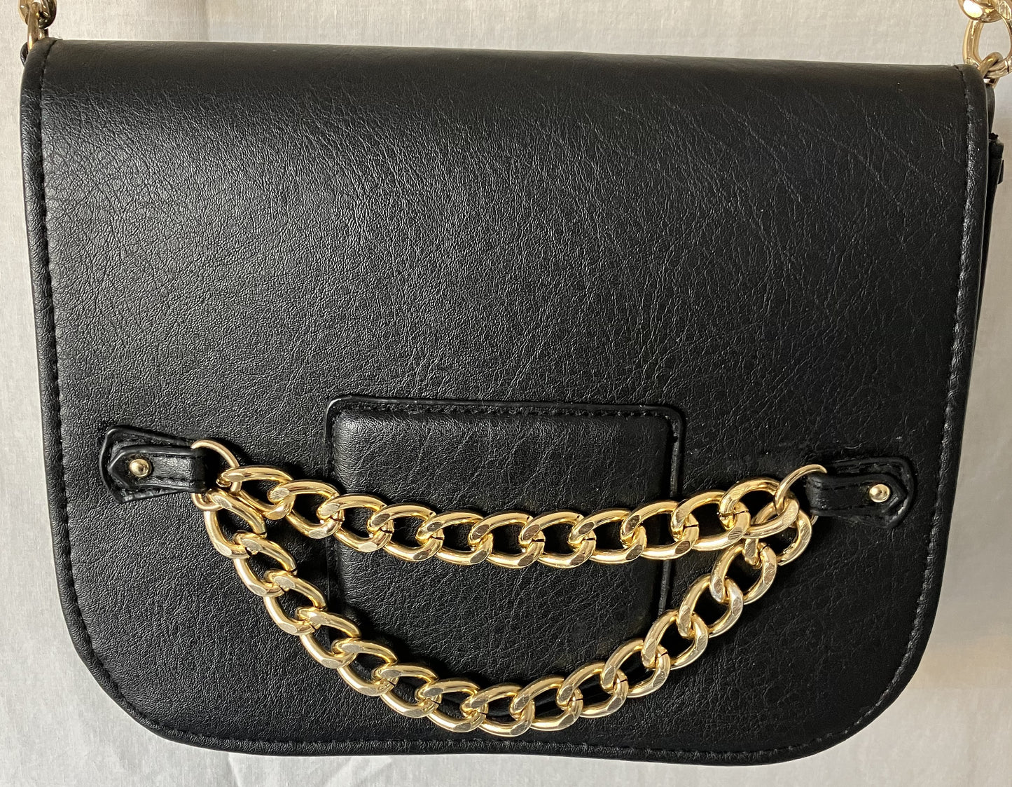 Black Purse with Polished Brass Strap By Rampage, Excellent condition