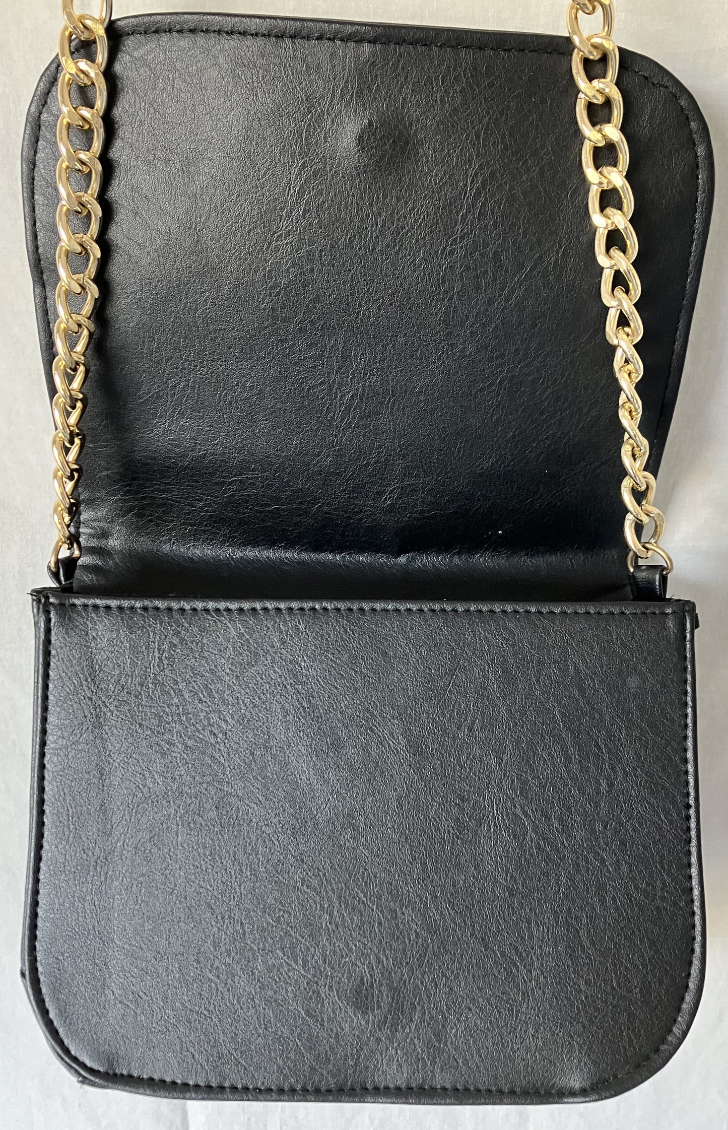 Black Purse with Polished Brass Strap By Rampage, Excellent condition