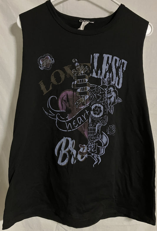 Sleeveless T-Shirt by Cleo Apparel, Black. Loveless Heart, Large