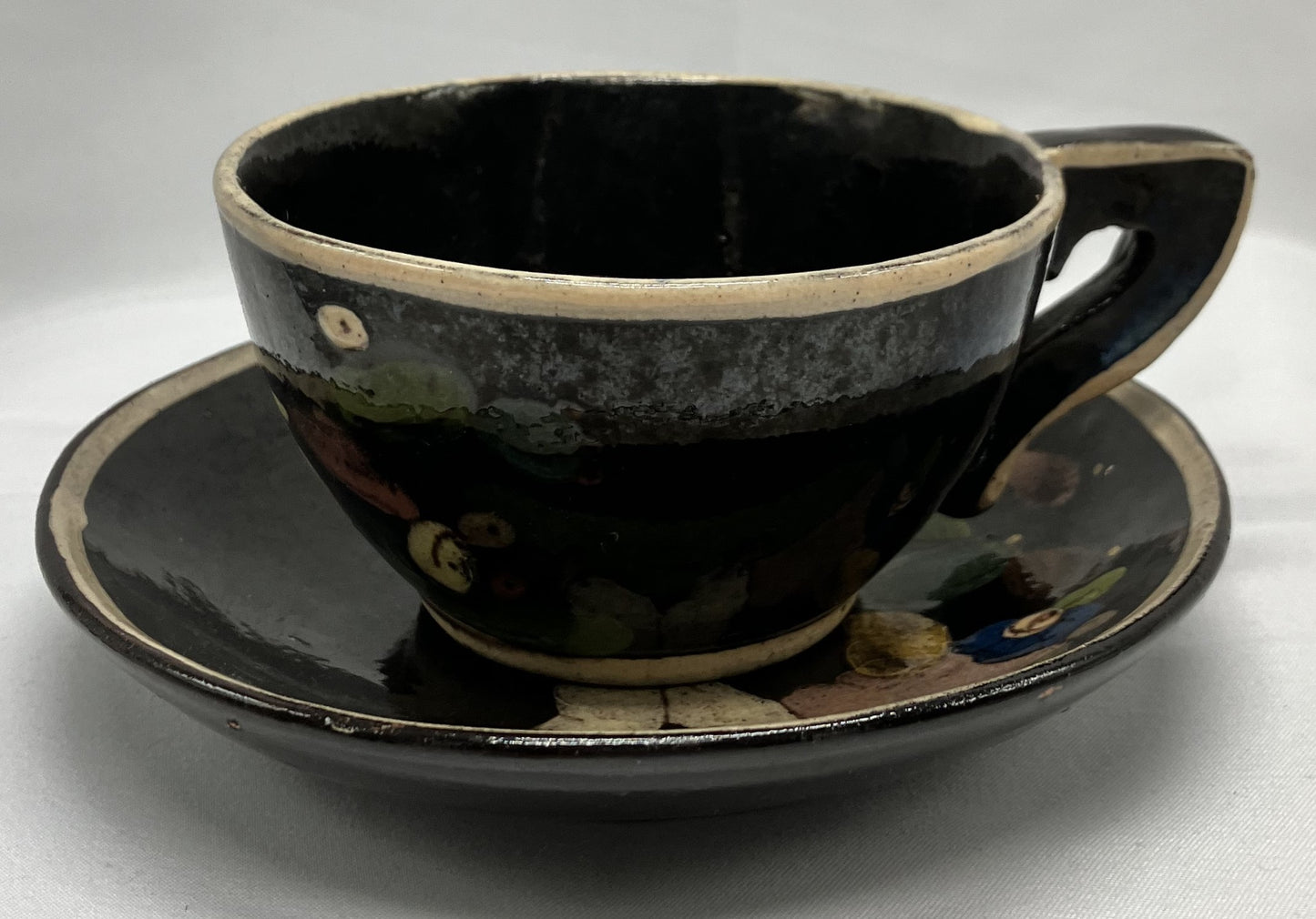 1940's Mexican Black Tlaquepaque teacup and saucer, vintage