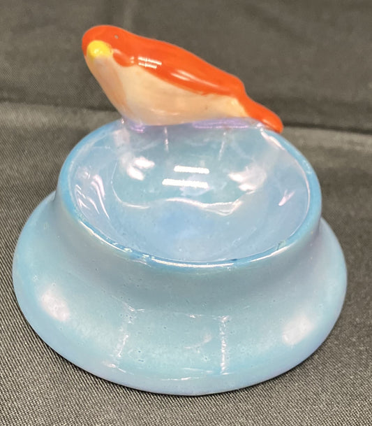 "Birdbath" Porcelain bird on rim of a salt dip dish, Vintage