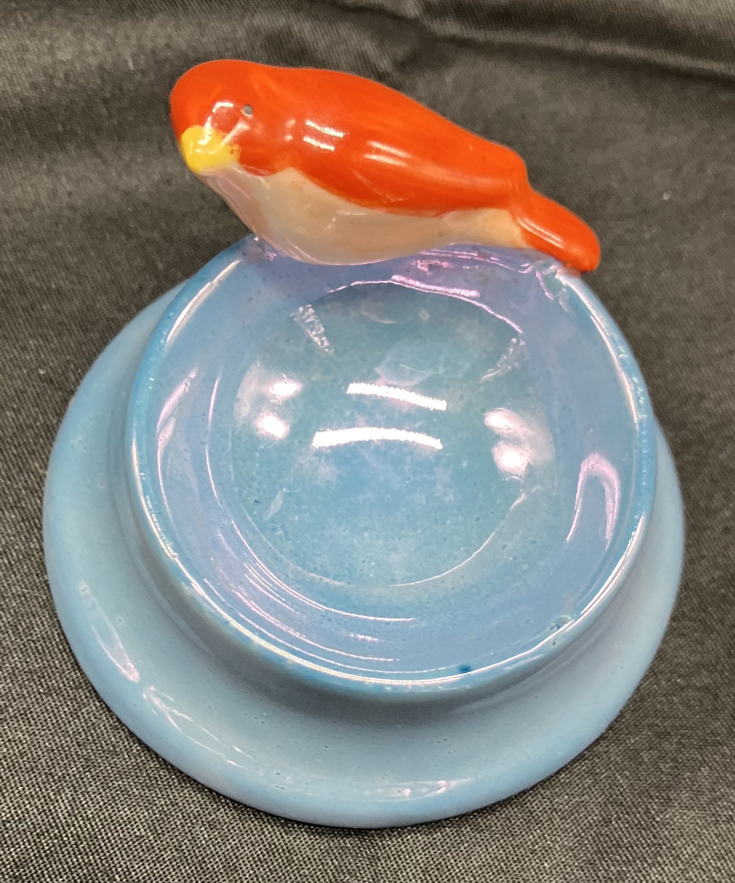 "Birdbath" Porcelain bird on rim of a salt dip dish, Vintage