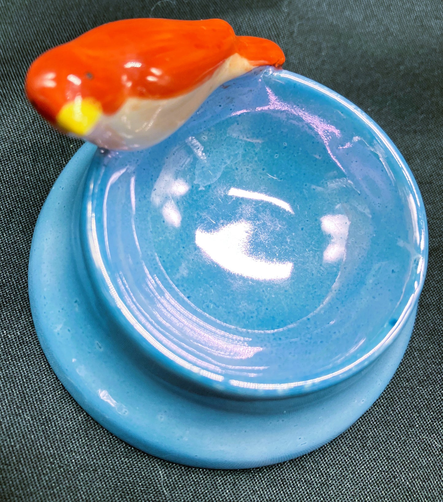 "Birdbath" Porcelain bird on rim of a salt dip dish, Vintage