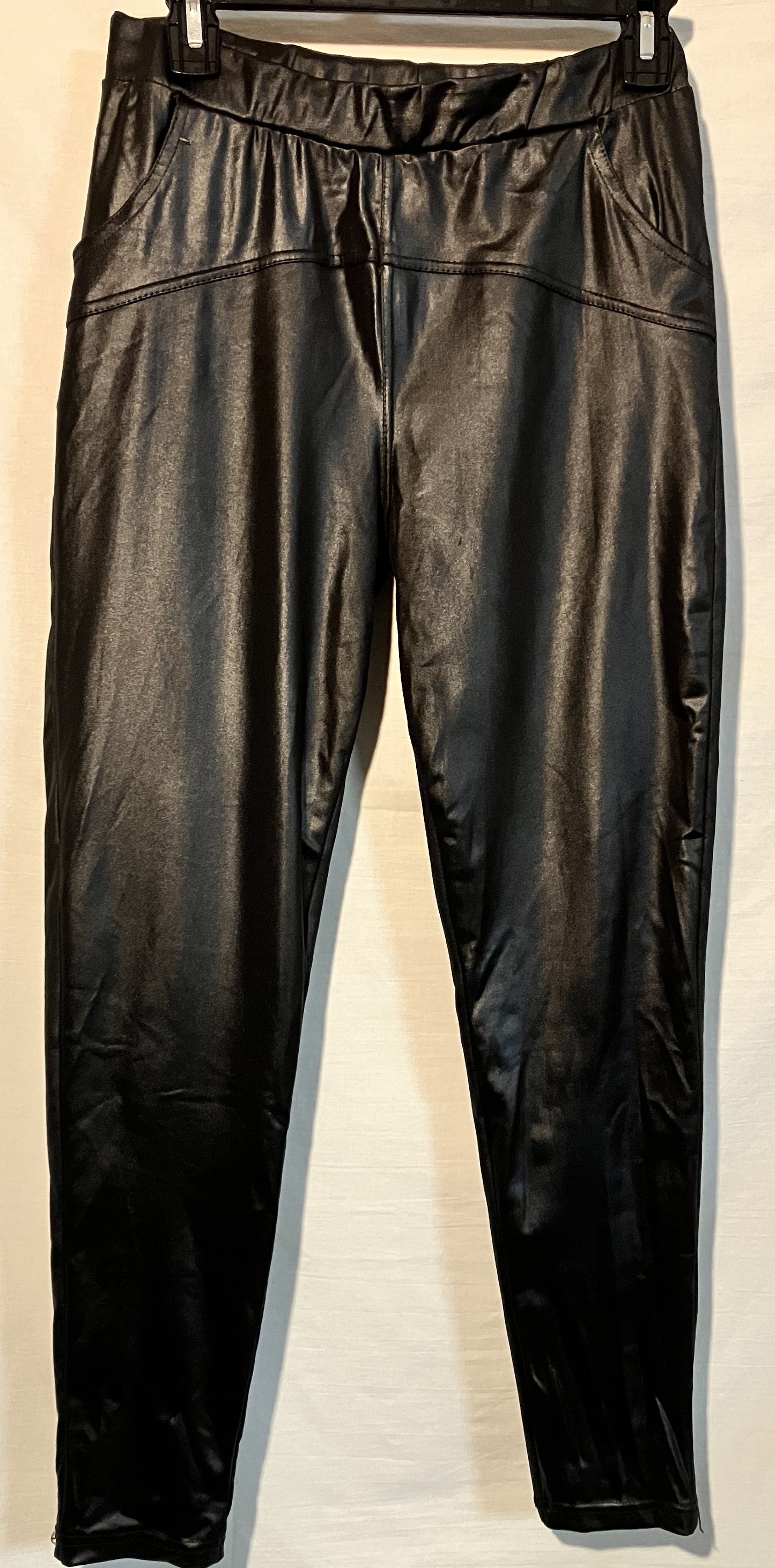 Leather Look Stretch Pants, Black, XL/XXL