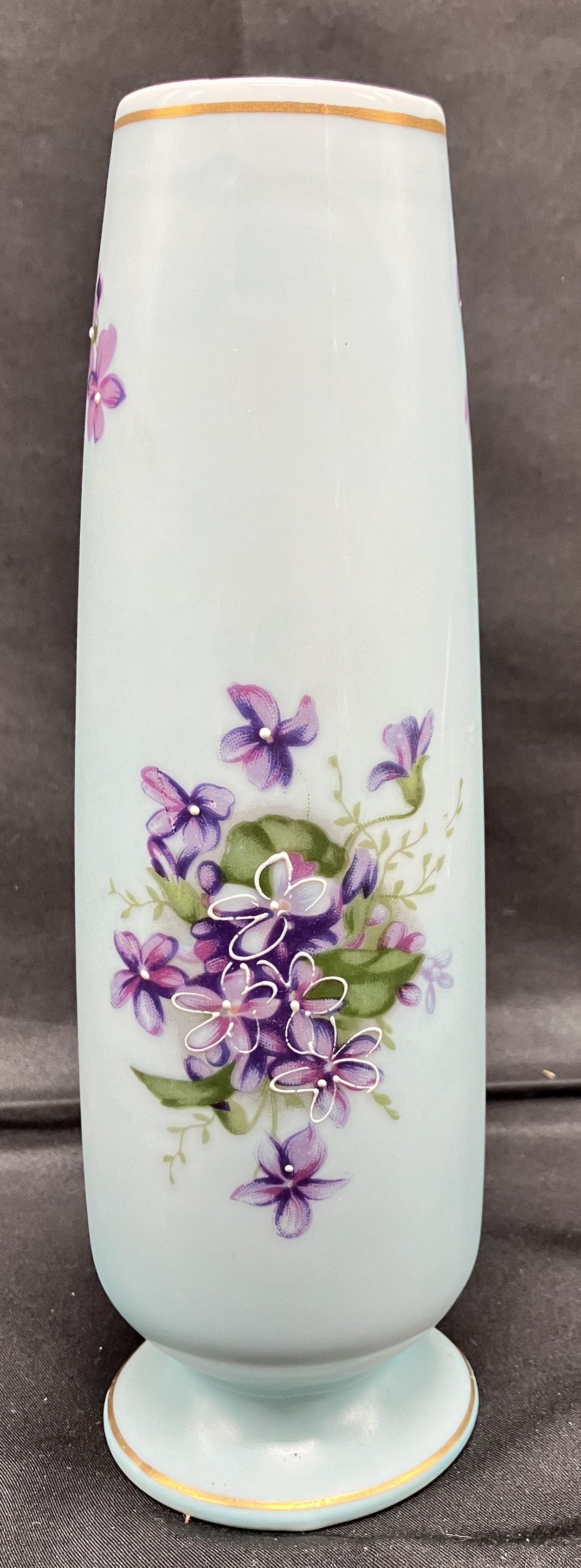 Vintage Norleans Blue Satin Bud Vase with Purple Violets