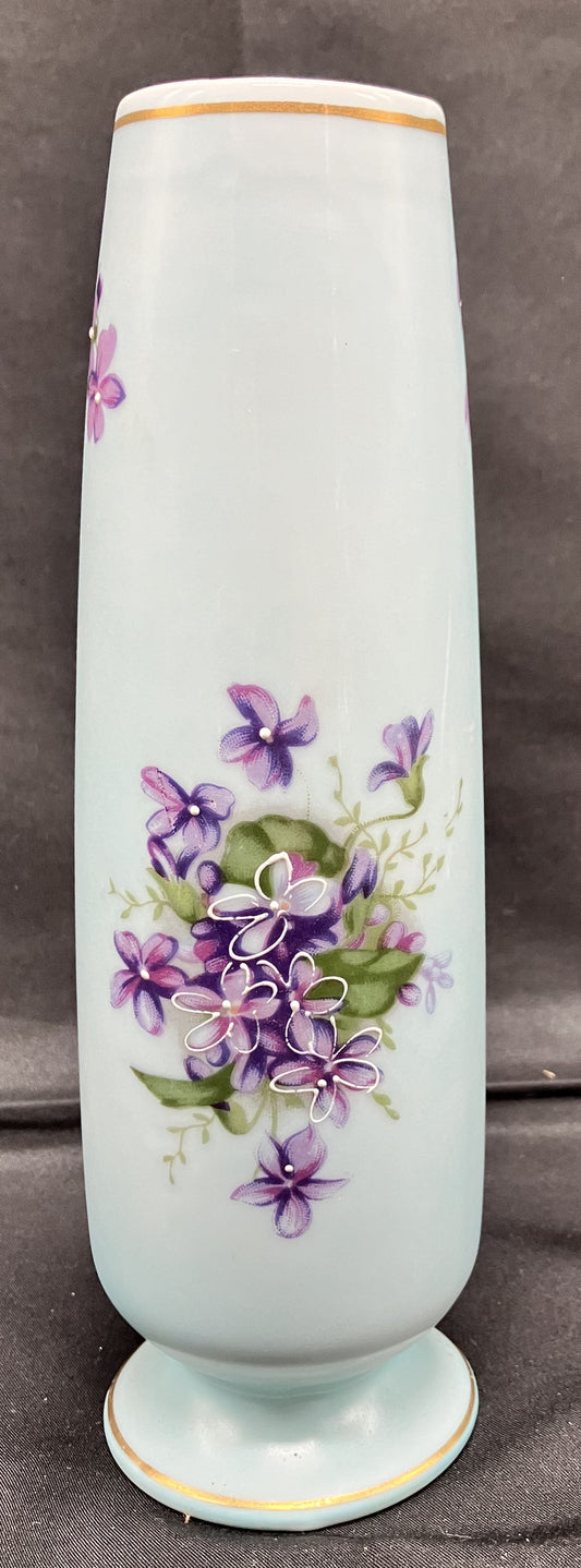 Vintage Norleans Blue Satin Bud Vase with Purple Violets