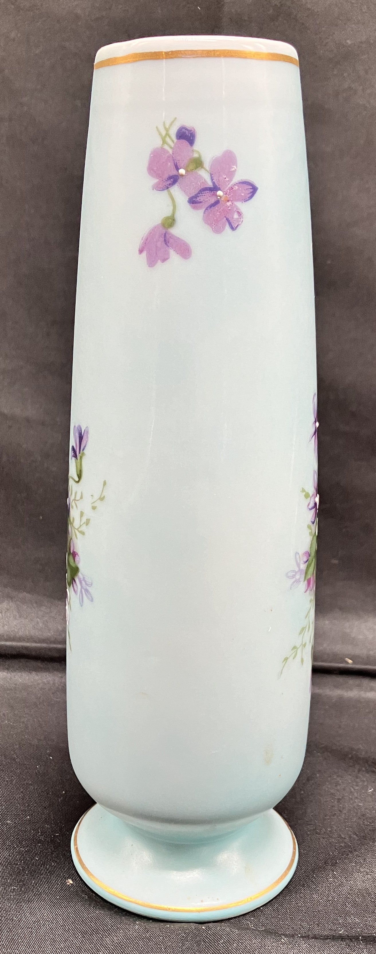 Vintage Norleans Blue Satin Bud Vase with Purple Violets