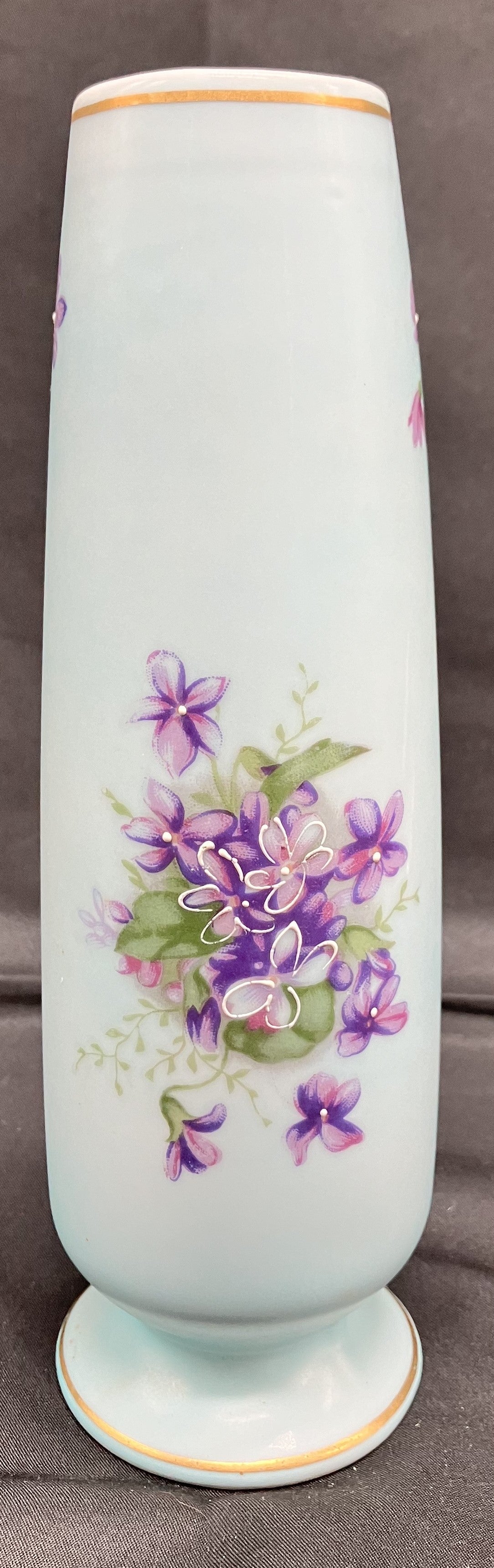 Vintage Norleans Blue Satin Bud Vase with Purple Violets