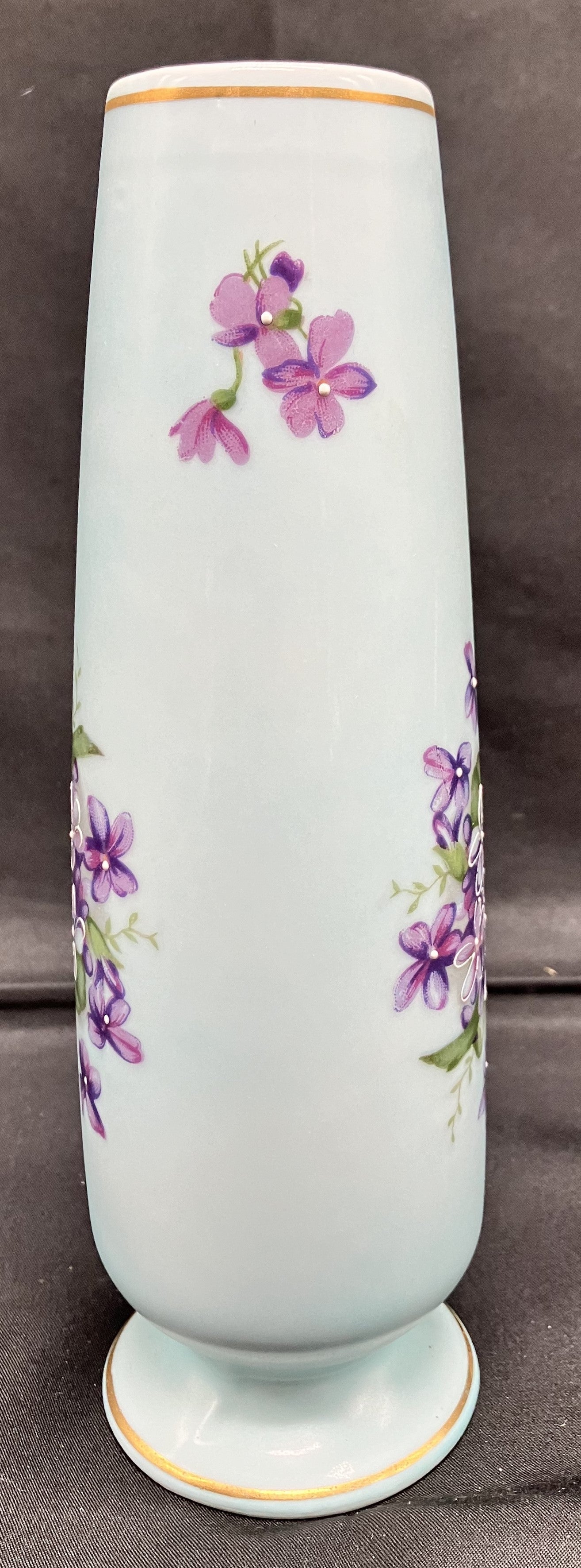 Vintage Norleans Blue Satin Bud Vase with Purple Violets