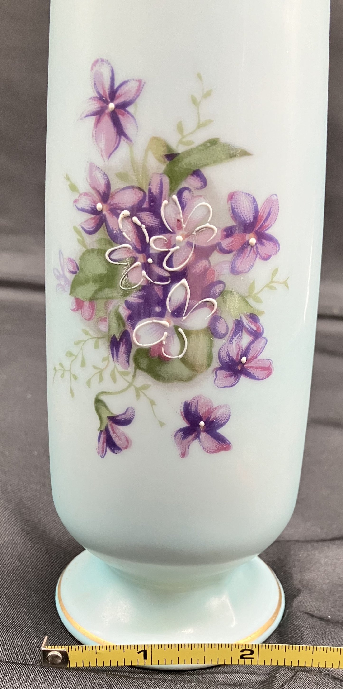 Vintage Norleans Blue Satin Bud Vase with Purple Violets