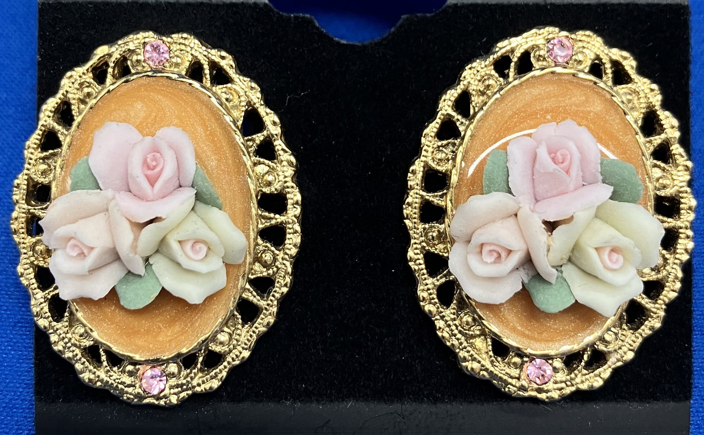 Rose Earrings in Cameo Style Gold Tone