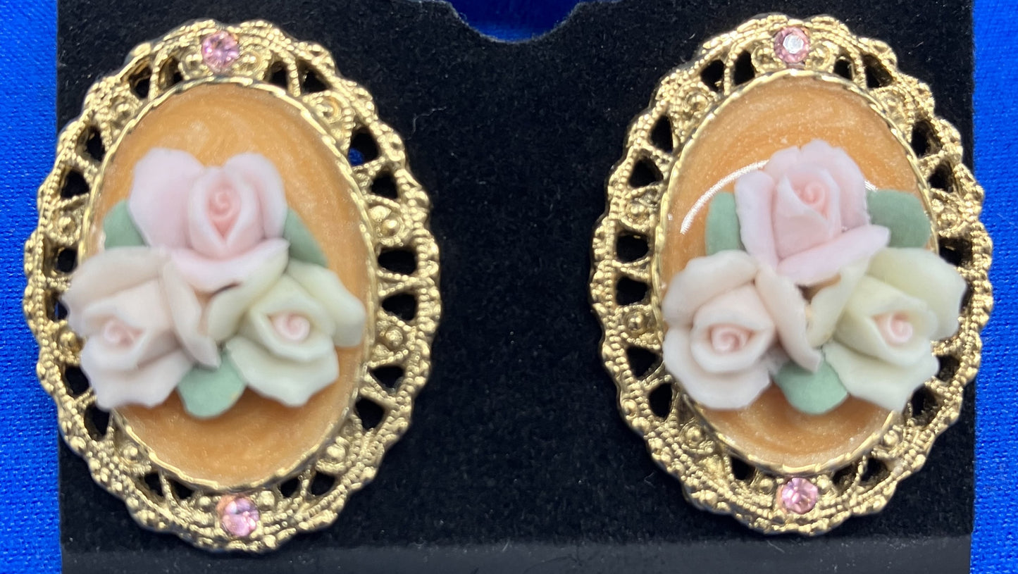 Rose Earrings in Cameo Style Gold Tone