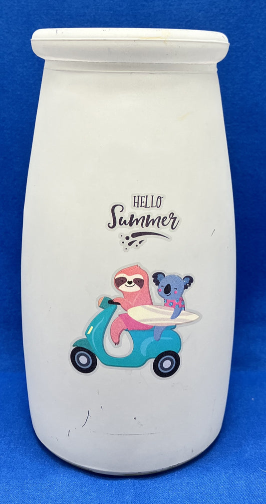 Hello Summer Frosted Vase Sloth and Koala on Scooter